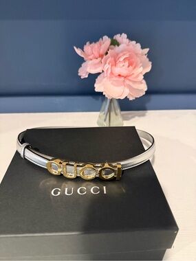 Gucci Silver Leather Belt with Gold Logo Buckle